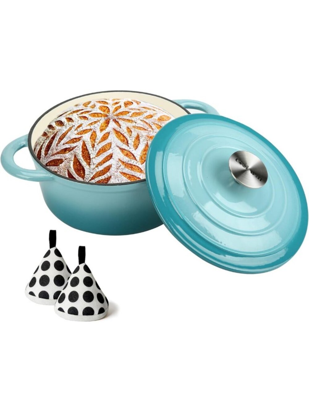 3QT Cast Iron Dutch Oven Pot with Self-Basting Lid for Baking & Cooking - Teal